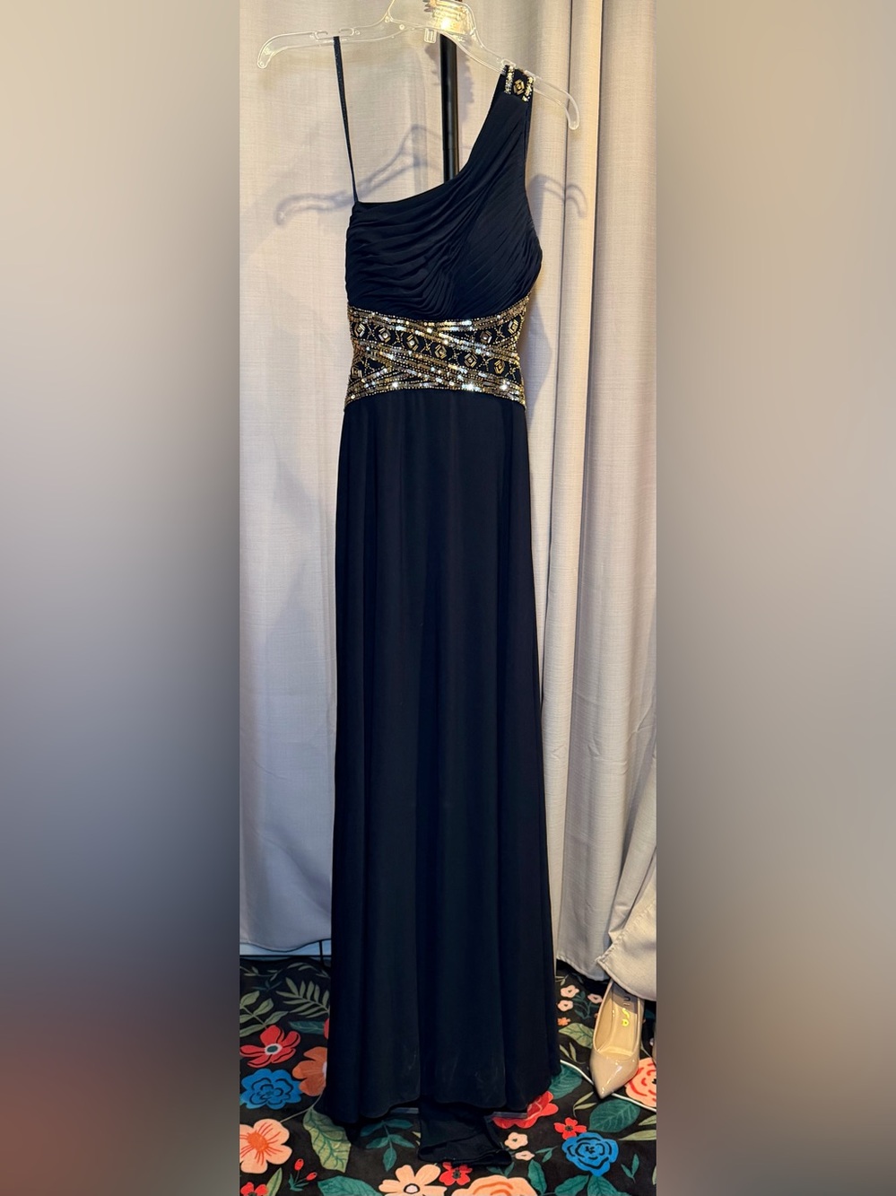 Betsy & Adam Blue One-Shoulder Maxi Dress with Gold Sequin Waist